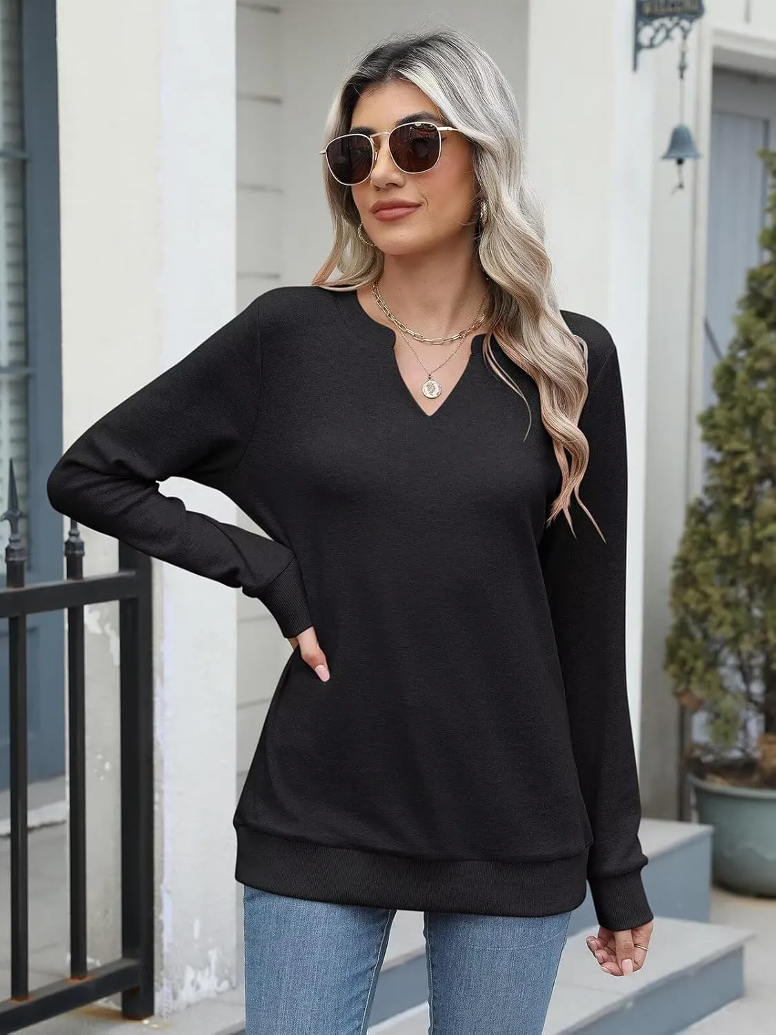 EADINVE Womens Casual Long Sleeve V Neck Sweatshirts Cute Loose Fit Lightweight Pullover Fall Clothes Tunic Tops