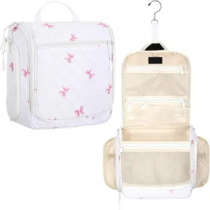 Eccliy Travel Toiletry Bag for Women Pink Bow Makeup Bag with Hook, Toiletry Organizer with 19 Compartments for Cosmetics Bathroom Shower Accessories Travel Essentials