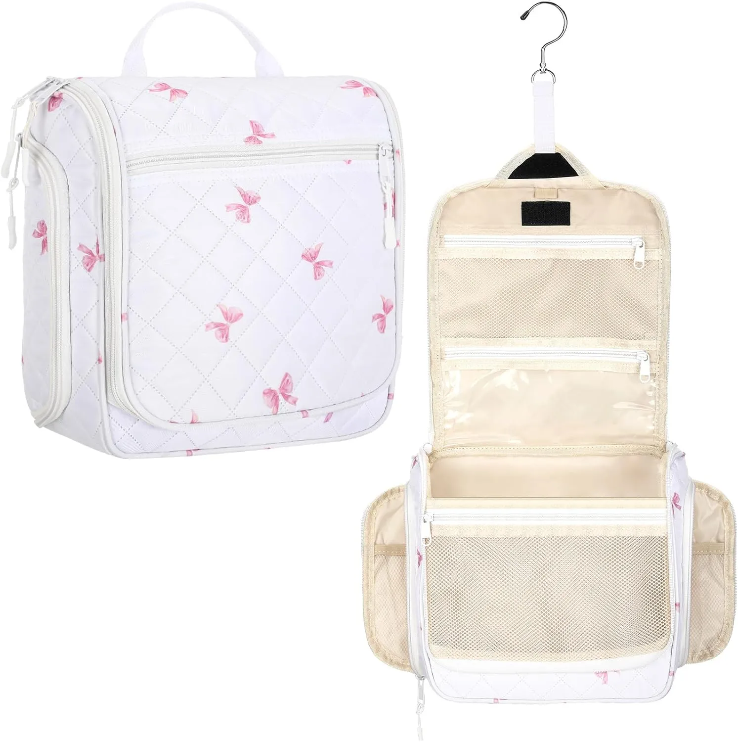 Eccliy Travel Toiletry Bag for Women Pink Bow Makeup Bag with Hook, Toiletry Organizer with 19 Compartments for Cosmetics Bathroom Shower Accessories Travel Essentials