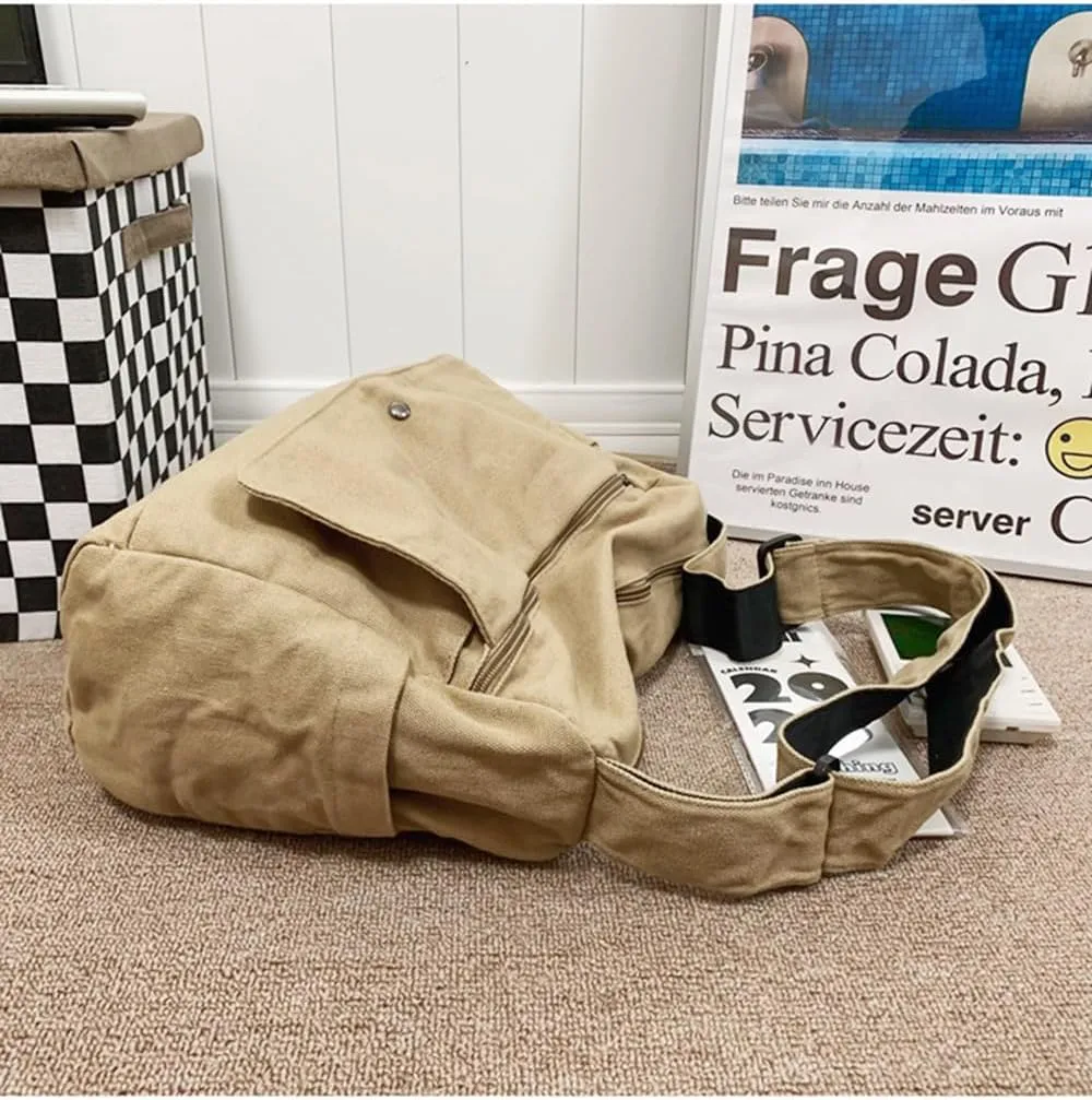 Economical Cotton Canvas Tote Bag,Women Hobo Shoulder Bag Crossbody Handbag with 3 External Pocket,Zipper Closure