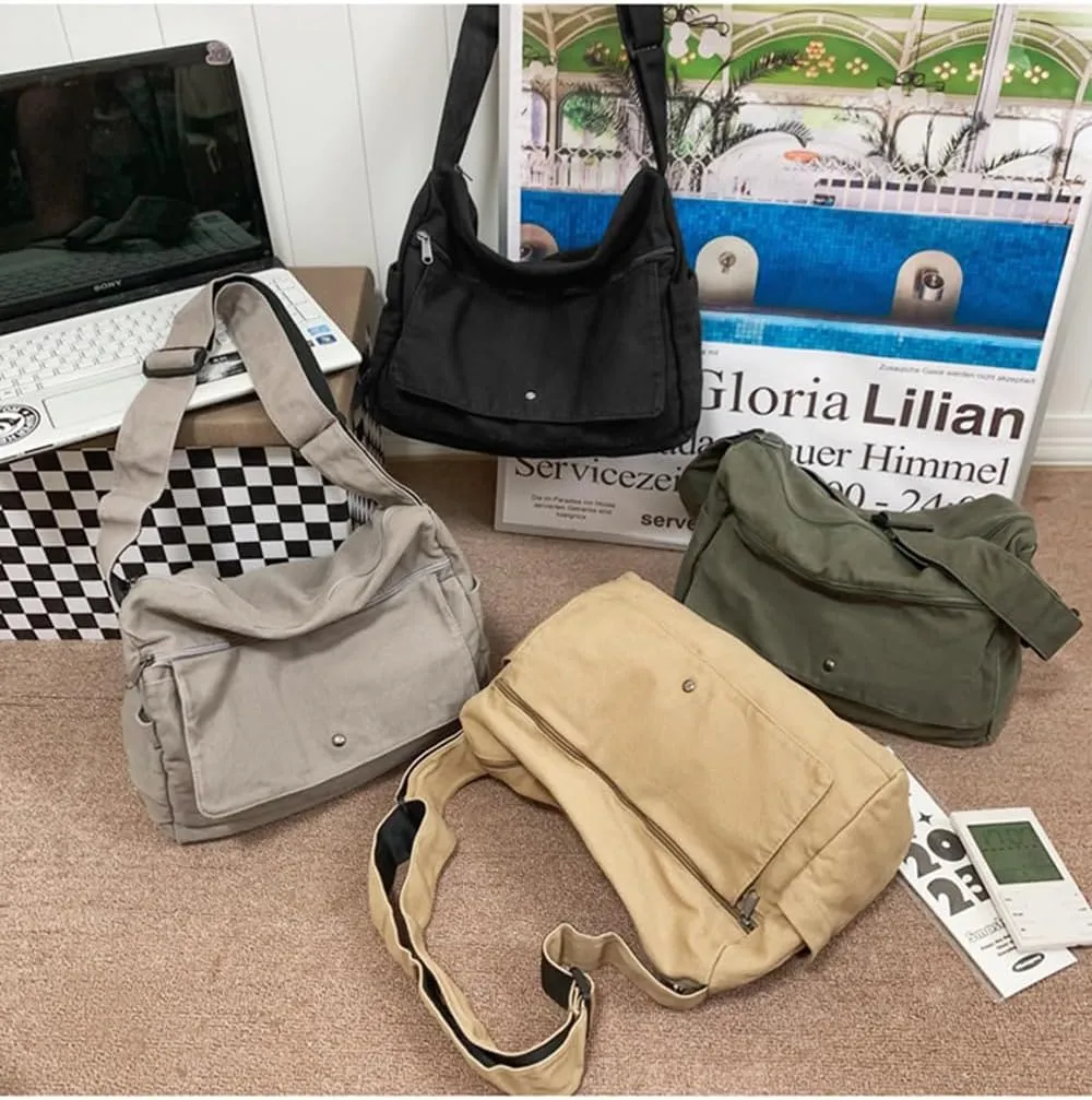 Economical Cotton Canvas Tote Bag,Women Hobo Shoulder Bag Crossbody Handbag with 3 External Pocket,Zipper Closure