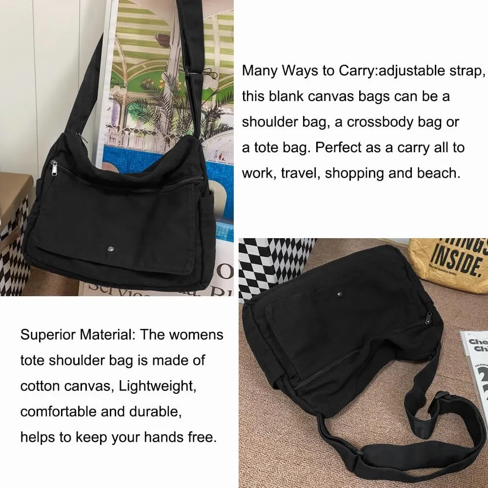 Economical Cotton Canvas Tote Bag,Women Hobo Shoulder Bag Crossbody Handbag with 3 External Pocket,Zipper Closure