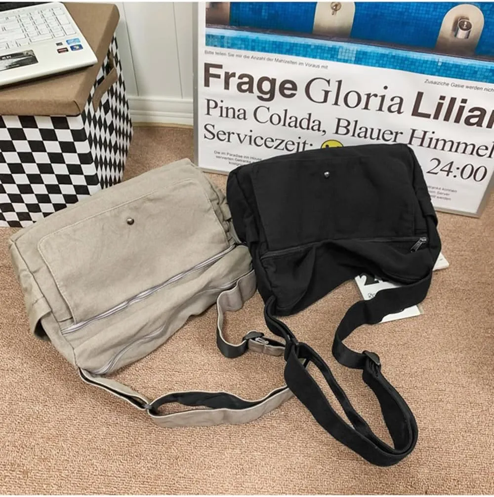 Economical Cotton Canvas Tote Bag,Women Hobo Shoulder Bag Crossbody Handbag with 3 External Pocket,Zipper Closure