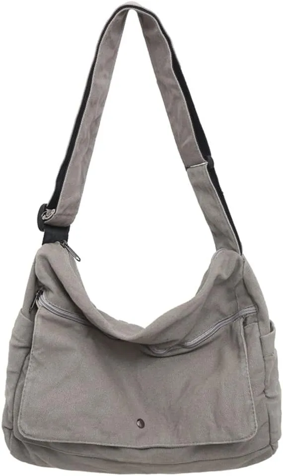 Economical Cotton Canvas Tote Bag,Women Hobo Shoulder Bag Crossbody Handbag with 3 External Pocket,Zipper Closure