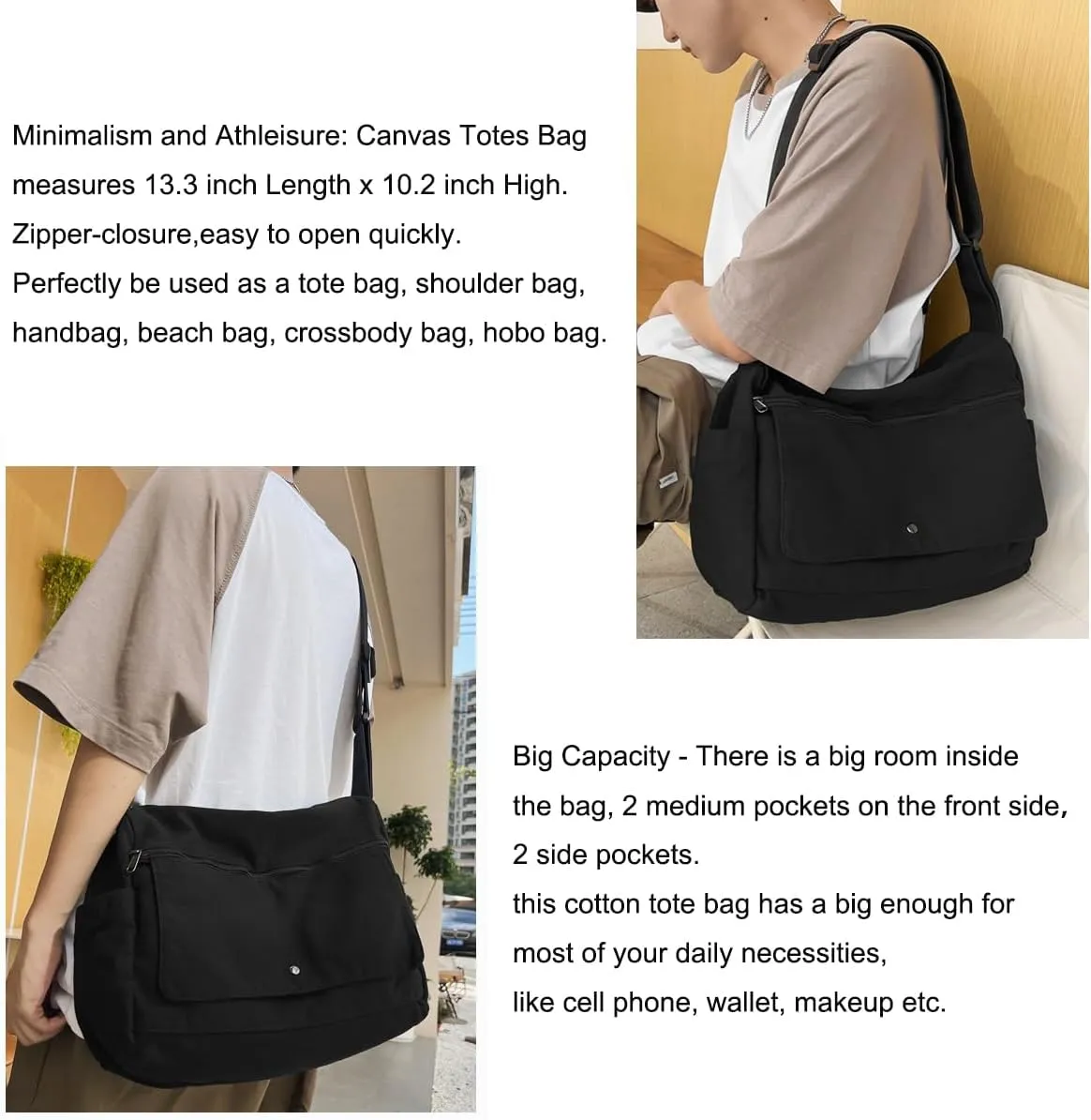 Economical Cotton Canvas Tote Bag,Women Hobo Shoulder Bag Crossbody Handbag with 3 External Pocket,Zipper Closure