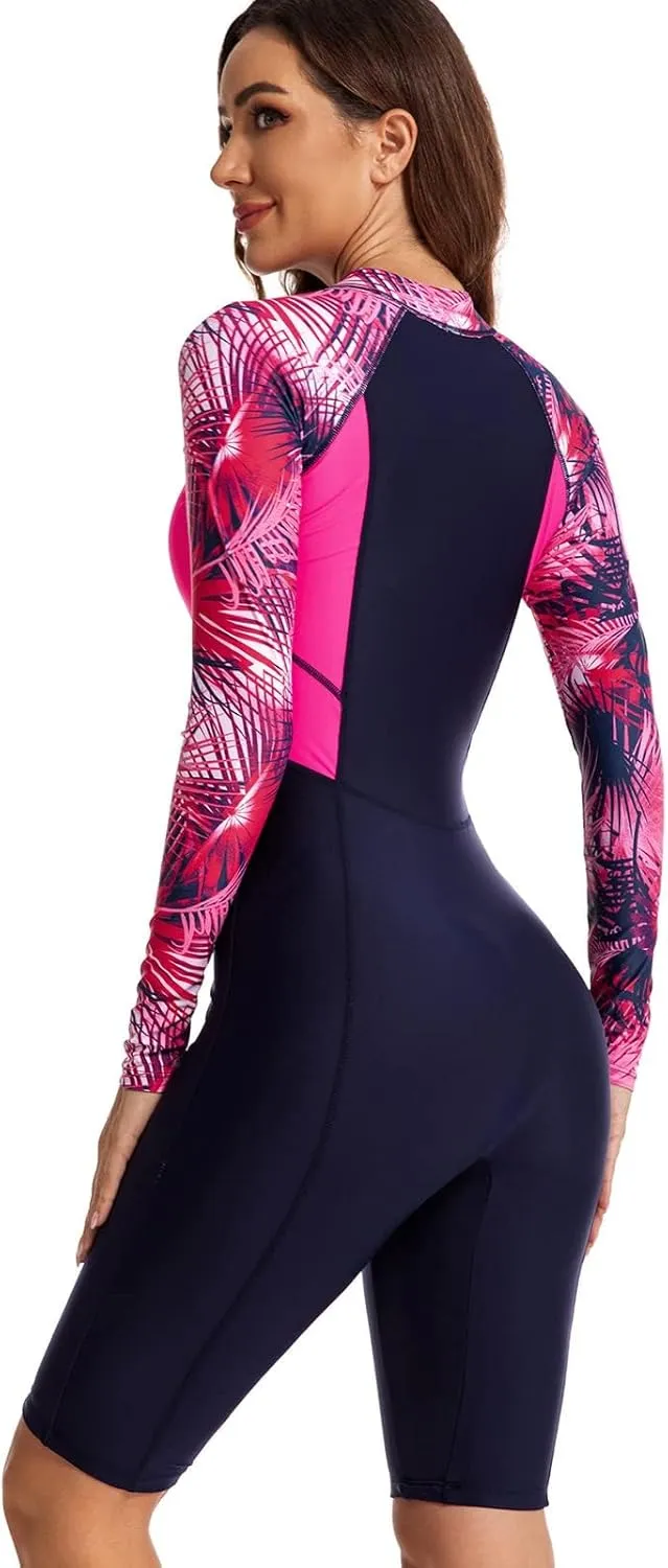 ECUPPER Women Long Sleeve One Piece Swimsuit Boyleg Zipper Rash Guard Bathing Suit Coverage Surfing Swimwear Built in Bra