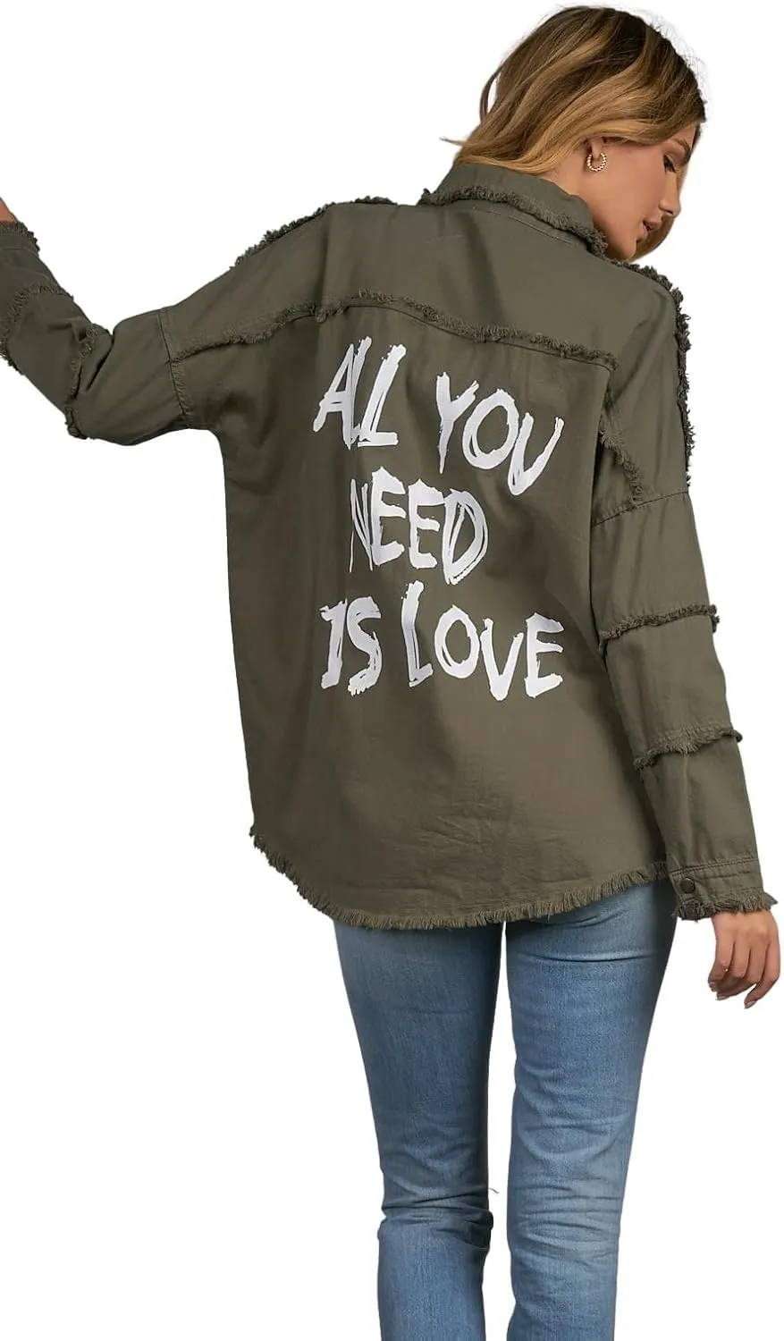 ELAN Women's All You Need Is Love Distressed Shirt Jacket