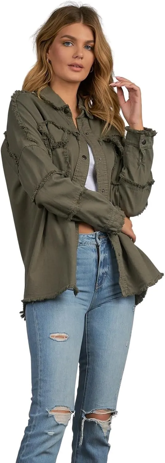 ELAN Women's All You Need Is Love Distressed Shirt Jacket