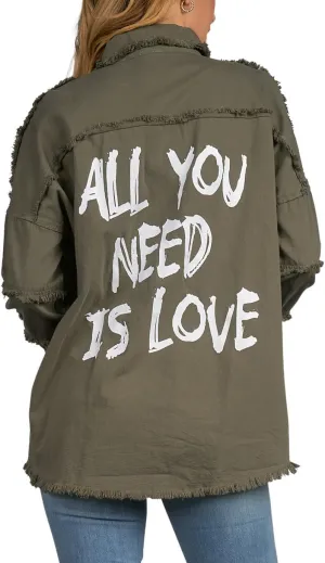 ELAN Women's All You Need Is Love Distressed Shirt Jacket