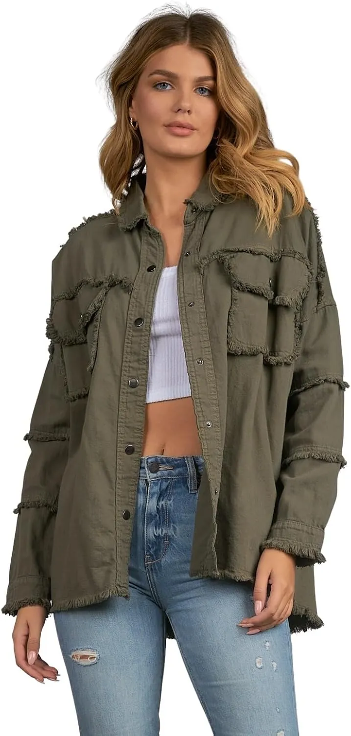ELAN Women's All You Need Is Love Distressed Shirt Jacket