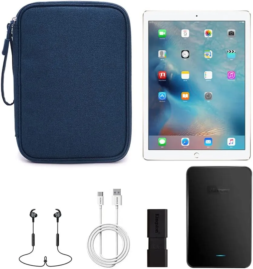 Electronic Organizer, Travel Cable Organizer Bag Pouch Tech Electronic Accessories Carry Case for 7.9 Inch Tablet, Cables, Charger, Power Adapter (Double Layer, Large, Navy Blue)