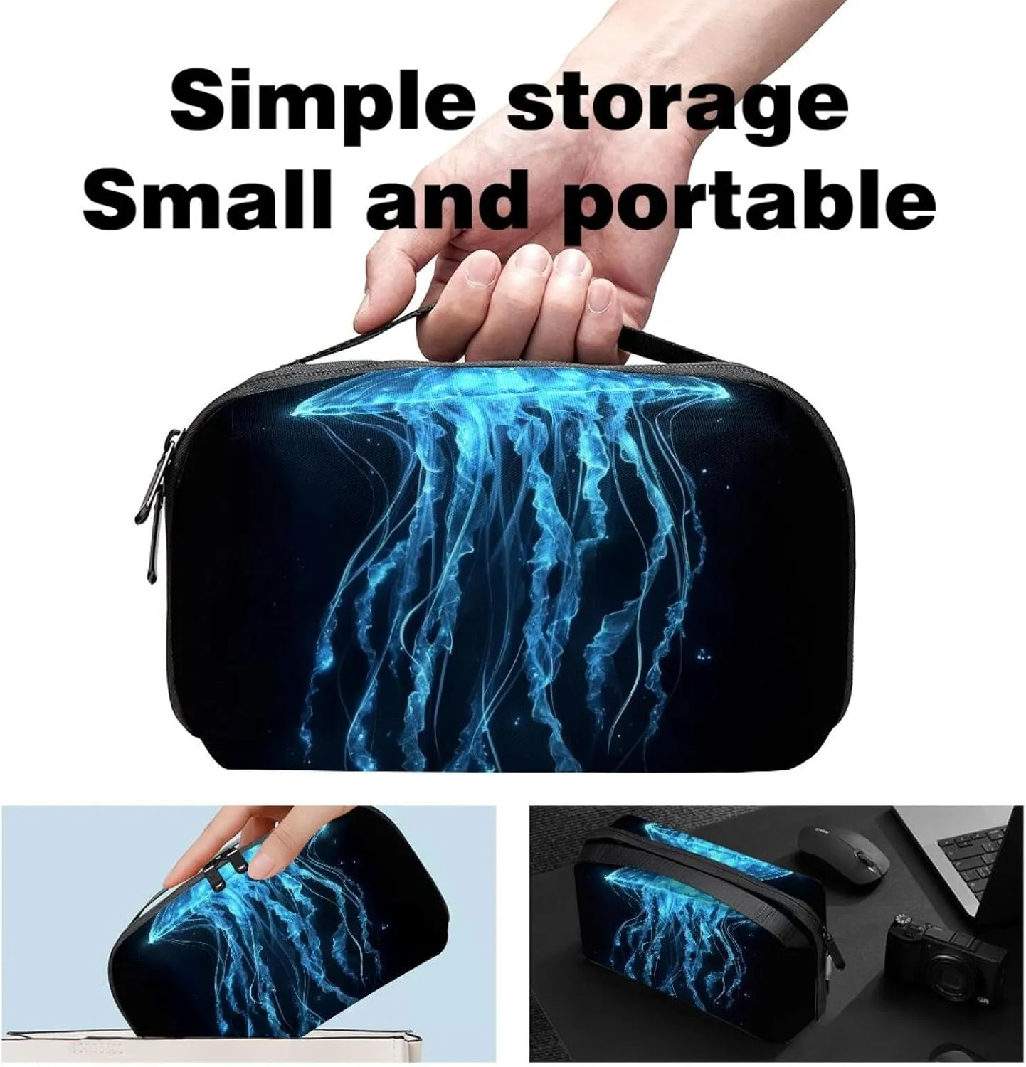 Electronics Organizer, Glowing Jellyfish Dark Ocean Small Travel Cable Organizer Carrying Bag, Compact Tech Case Bag for Electronic Accessories, Cords, Charger, USB, Hard Drives