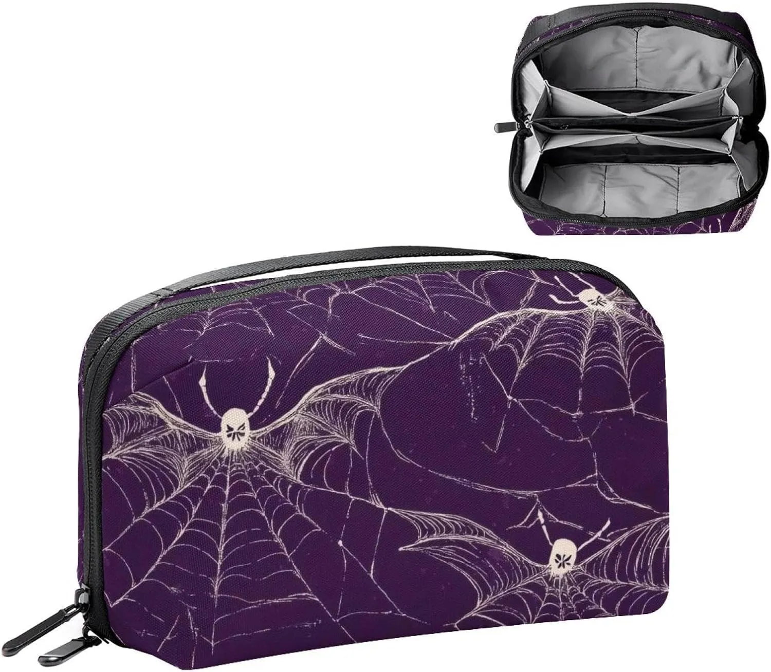 Electronics Organizer, Halloween Spider Web and Bat Purple Pattern Small Travel Cable Organizer Carrying Bag, Compact Tech Case Bag for Electronic Accessories, Cords, Charger, USB, Hard Drives