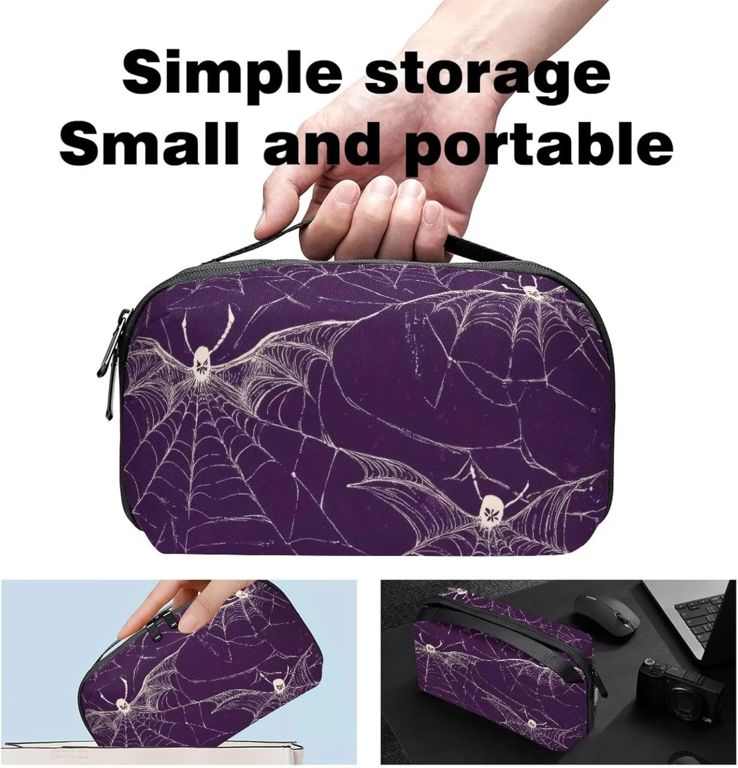 Electronics Organizer, Halloween Spider Web and Bat Purple Pattern Small Travel Cable Organizer Carrying Bag, Compact Tech Case Bag for Electronic Accessories, Cords, Charger, USB, Hard Drives