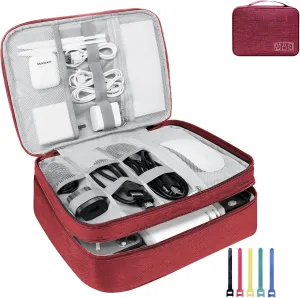 Electronics Travel Organizer, Large Double Layer Portable Waterproof Travel Organizer Bag for Charging Cable Storage, Ipad, Power Bank, Hard Drive etc, for Travel, Business ,5pcs Cable