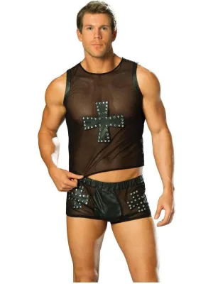 Elegant Moments L9284 Mesh tank top with leather cross trimmed in nail heads