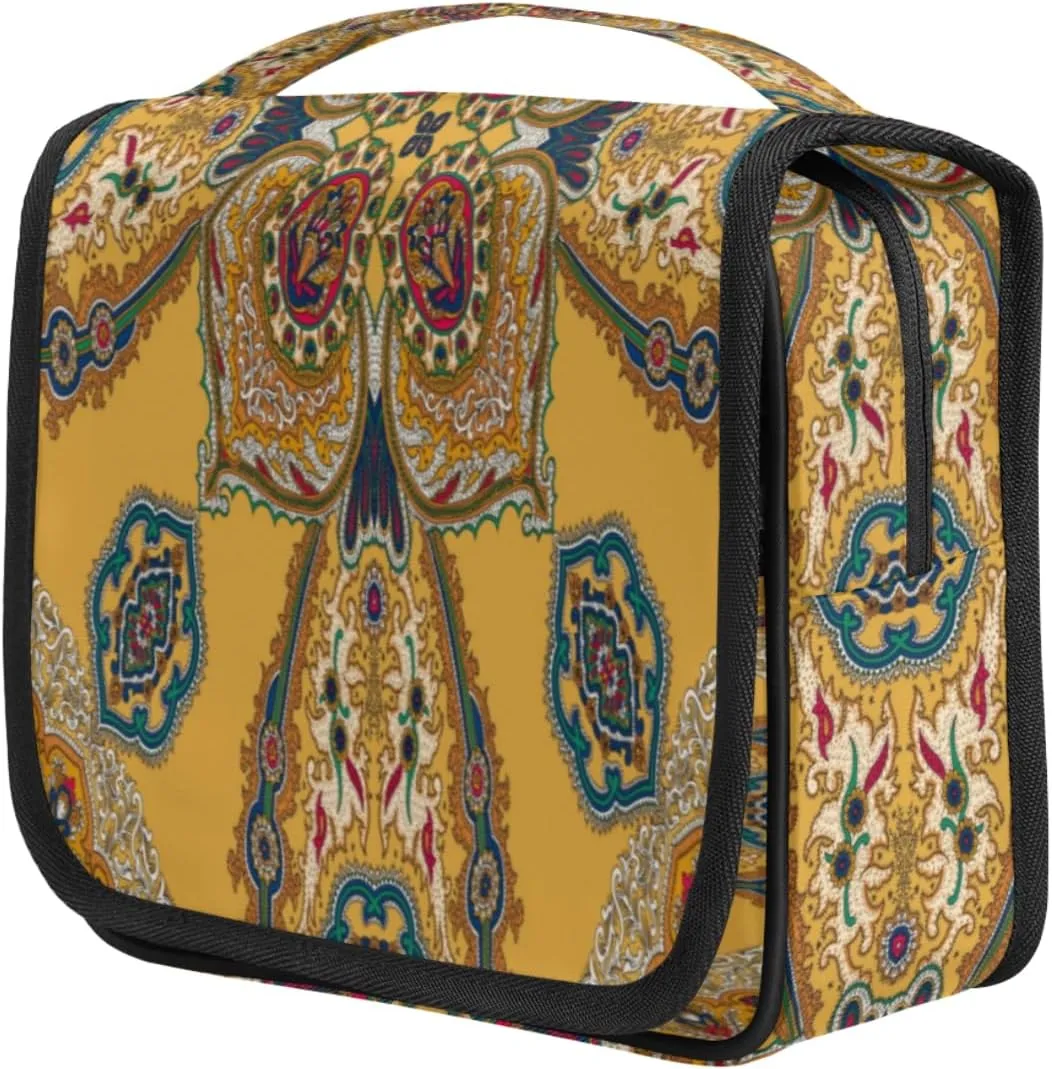 Elegant Palace Embroidery Travel Toiletry Bag for Women Portable Waterproof Travel Makeup Bag with Hanging Hook Makeup Cosmetic Organizer for Travel Business Trip Camping Bathroom