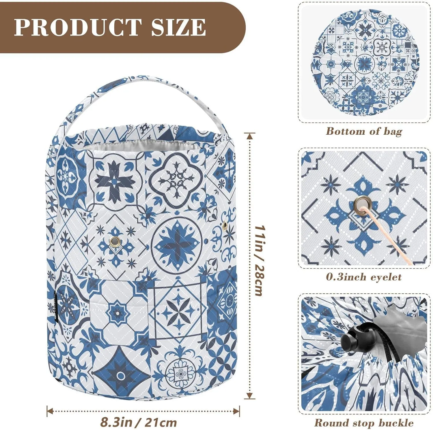 ElliTarr Crochet Bag Yarn Bag with Handle Portable Knitting Project Bag Travel Yarn Storage Organizer Holder Case Blue Ceramic Tile