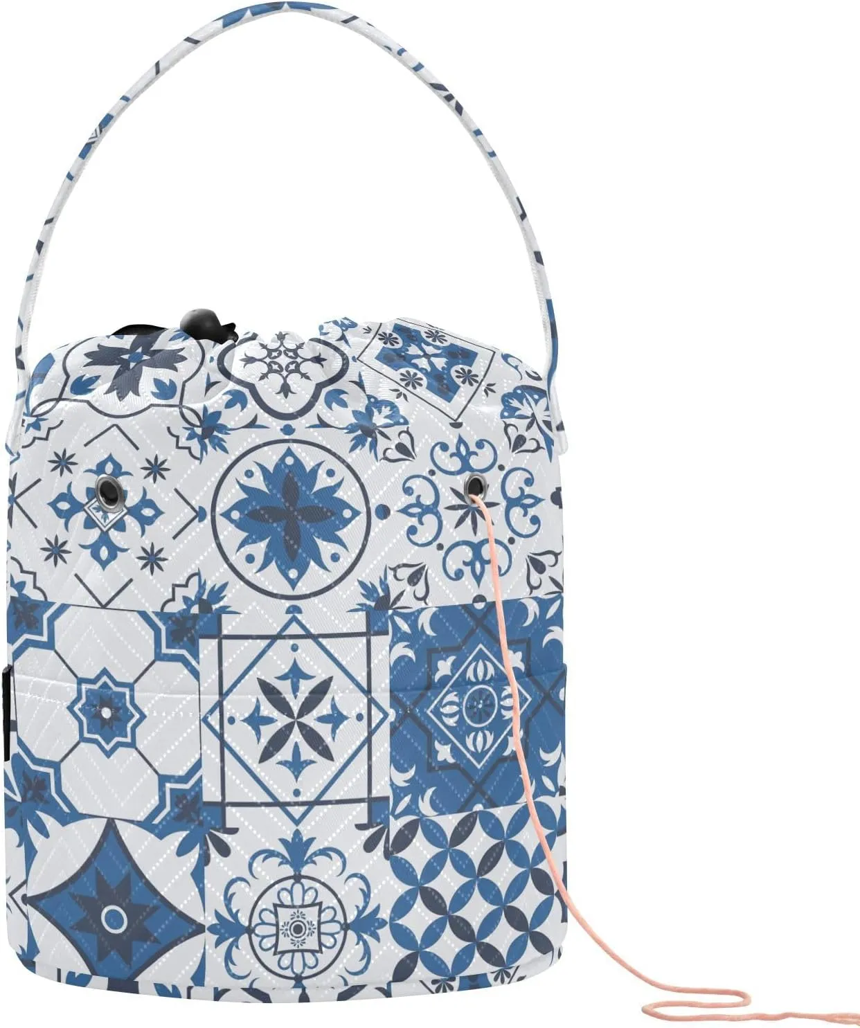 ElliTarr Crochet Bag Yarn Bag with Handle Portable Knitting Project Bag Travel Yarn Storage Organizer Holder Case Blue Ceramic Tile