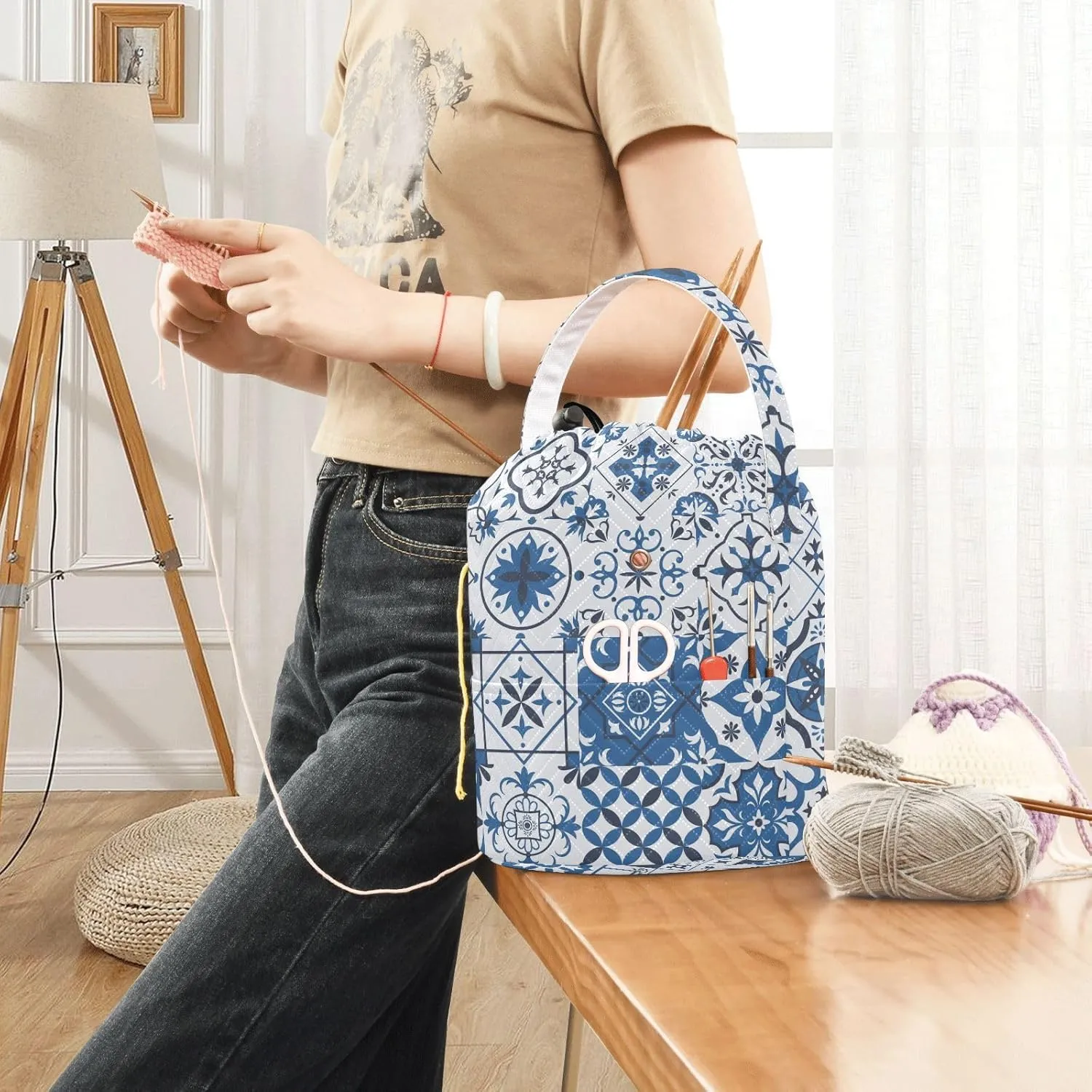 ElliTarr Crochet Bag Yarn Bag with Handle Portable Knitting Project Bag Travel Yarn Storage Organizer Holder Case Blue Ceramic Tile