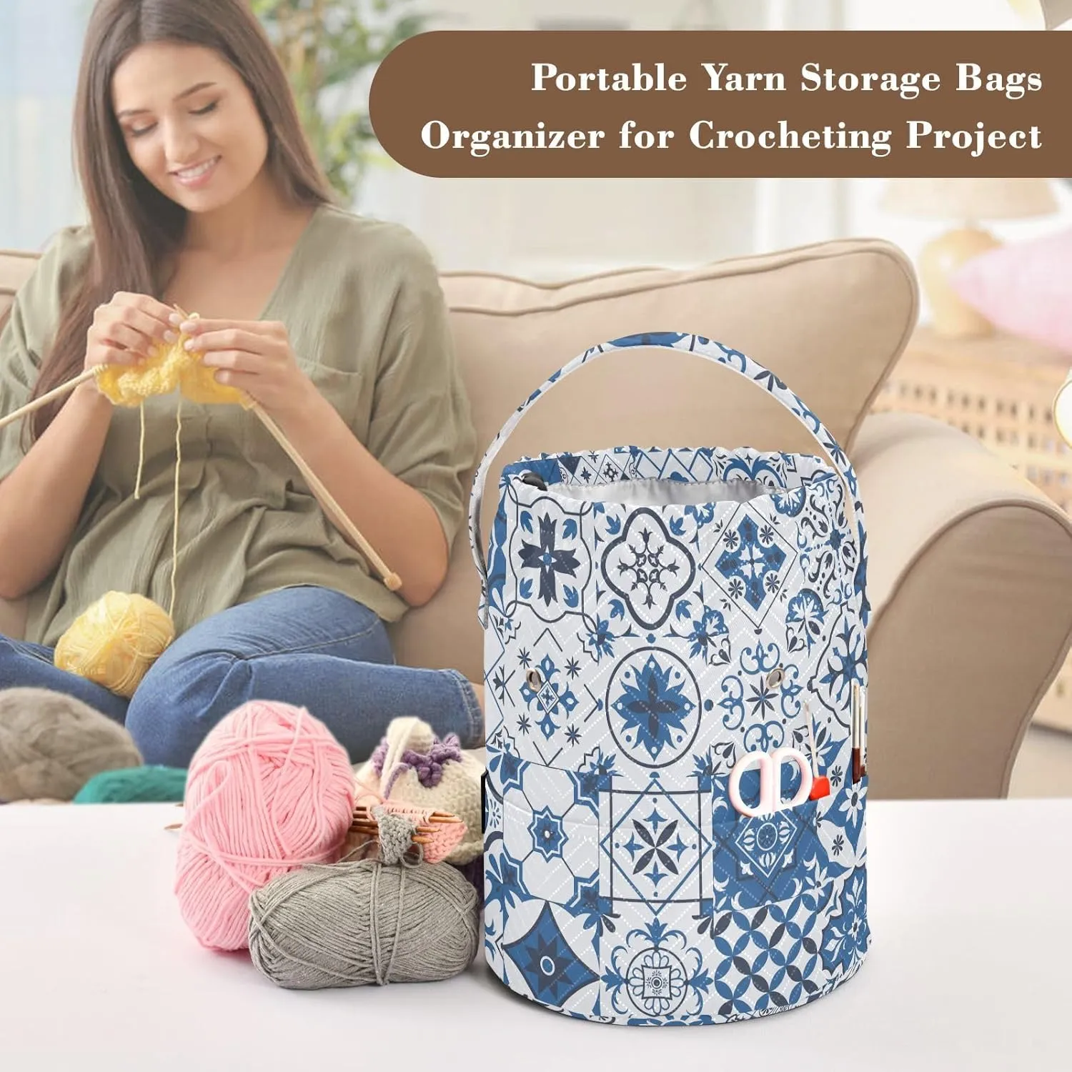 ElliTarr Crochet Bag Yarn Bag with Handle Portable Knitting Project Bag Travel Yarn Storage Organizer Holder Case Blue Ceramic Tile