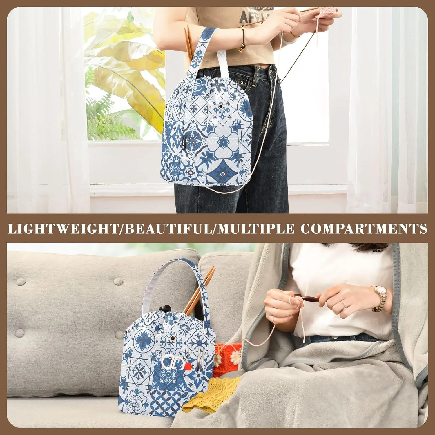 ElliTarr Crochet Bag Yarn Bag with Handle Portable Knitting Project Bag Travel Yarn Storage Organizer Holder Case Blue Ceramic Tile