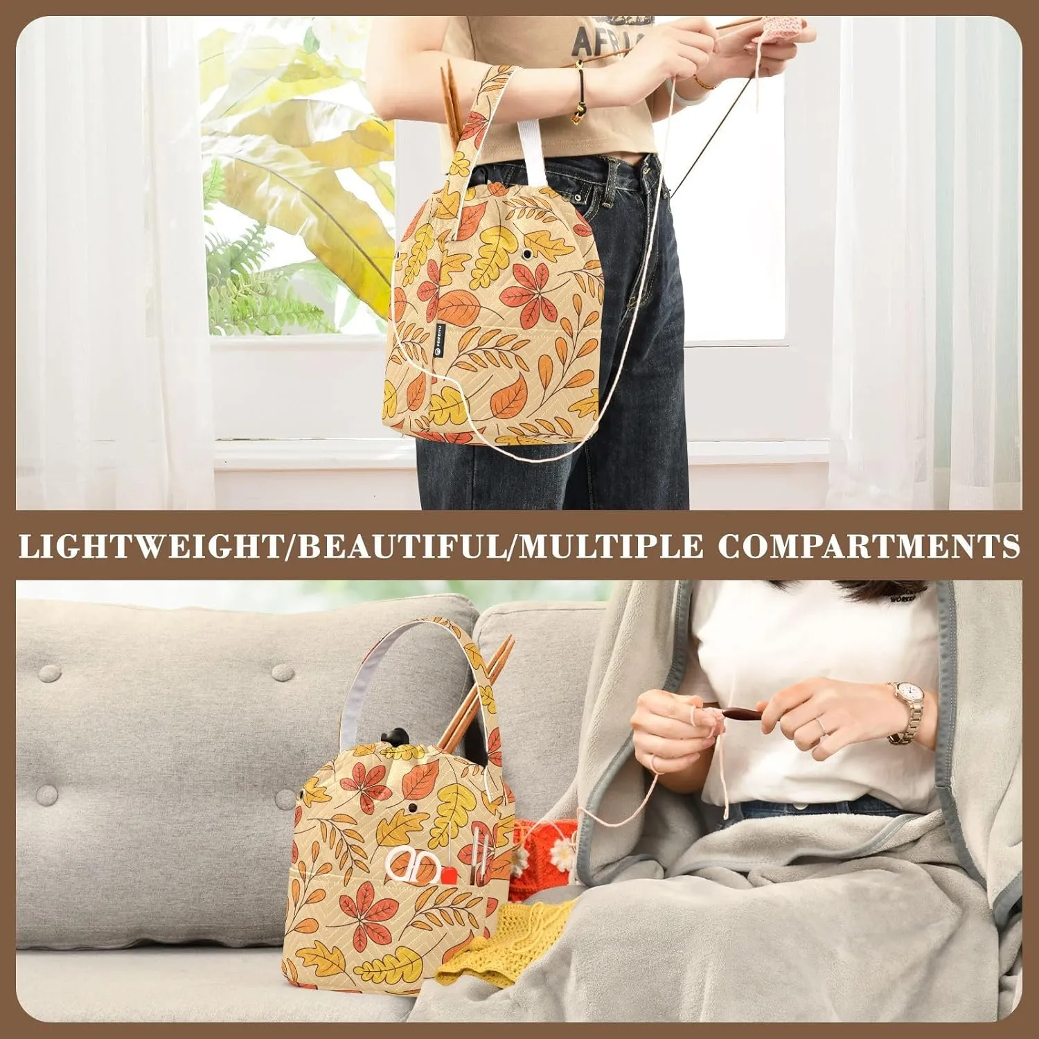 ElliTarr Crochet Bag Yarn Bag with Handle Portable Knitting Project Bag Travel Yarn Storage Organizer Holder Case Fall Leaves