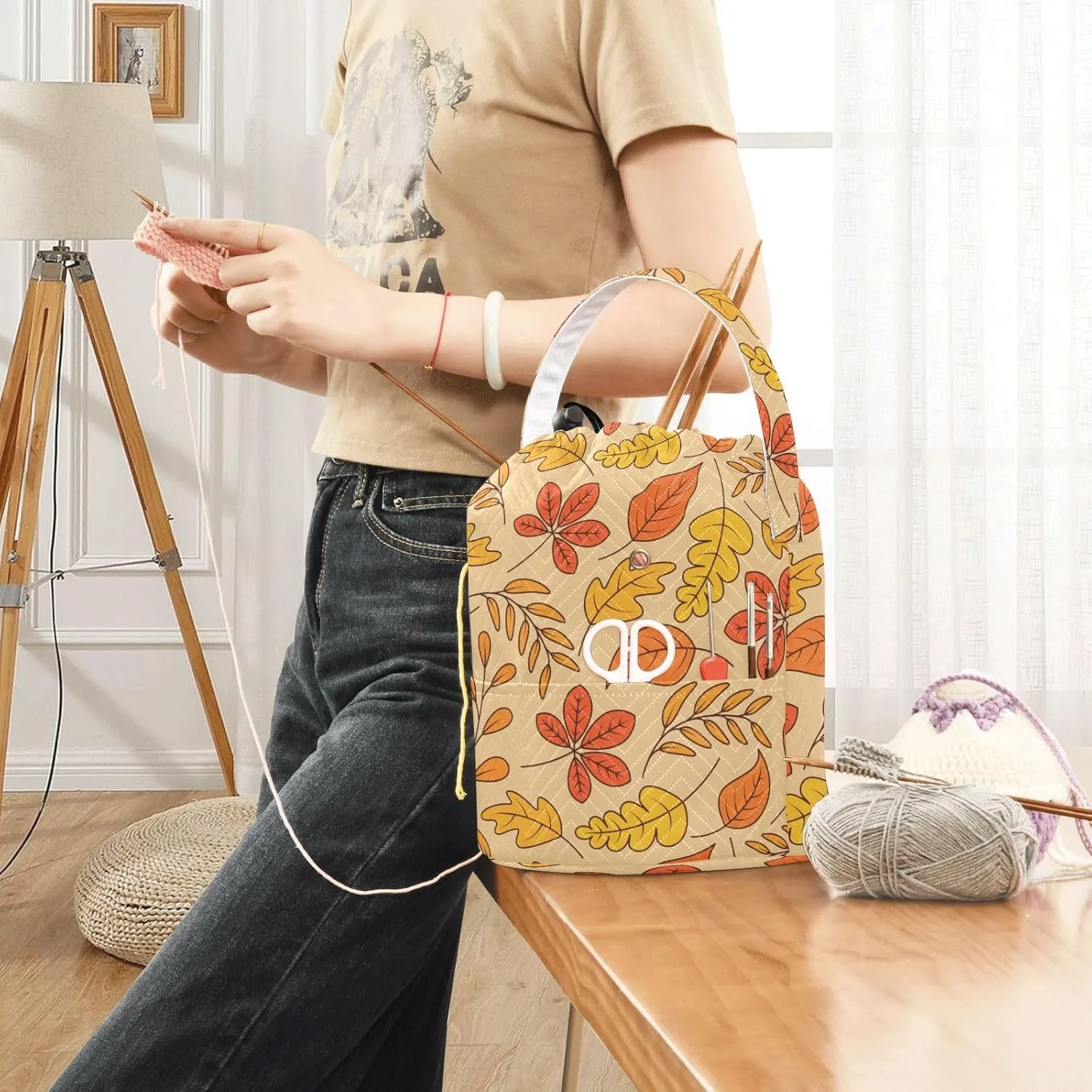 ElliTarr Crochet Bag Yarn Bag with Handle Portable Knitting Project Bag Travel Yarn Storage Organizer Holder Case Fall Leaves