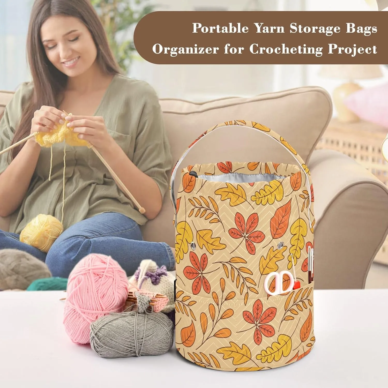 ElliTarr Crochet Bag Yarn Bag with Handle Portable Knitting Project Bag Travel Yarn Storage Organizer Holder Case Fall Leaves