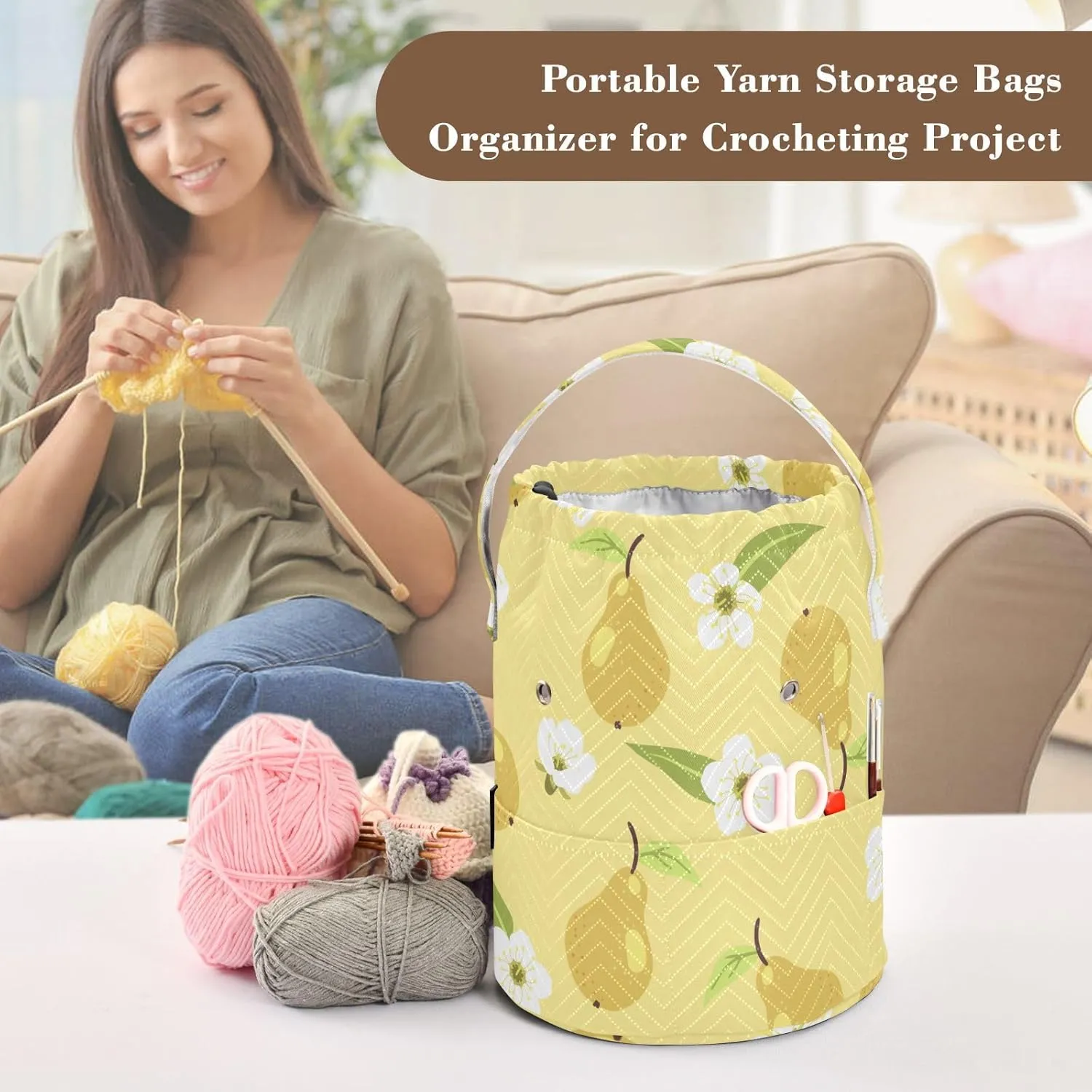 ElliTarr Crochet Bag Yarn Bag with Handle Portable Knitting Project Bag Travel Yarn Storage Organizer Holder Case Yellow Pear and Floral White