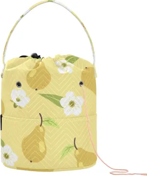 ElliTarr Crochet Bag Yarn Bag with Handle Portable Knitting Project Bag Travel Yarn Storage Organizer Holder Case Yellow Pear and Floral White