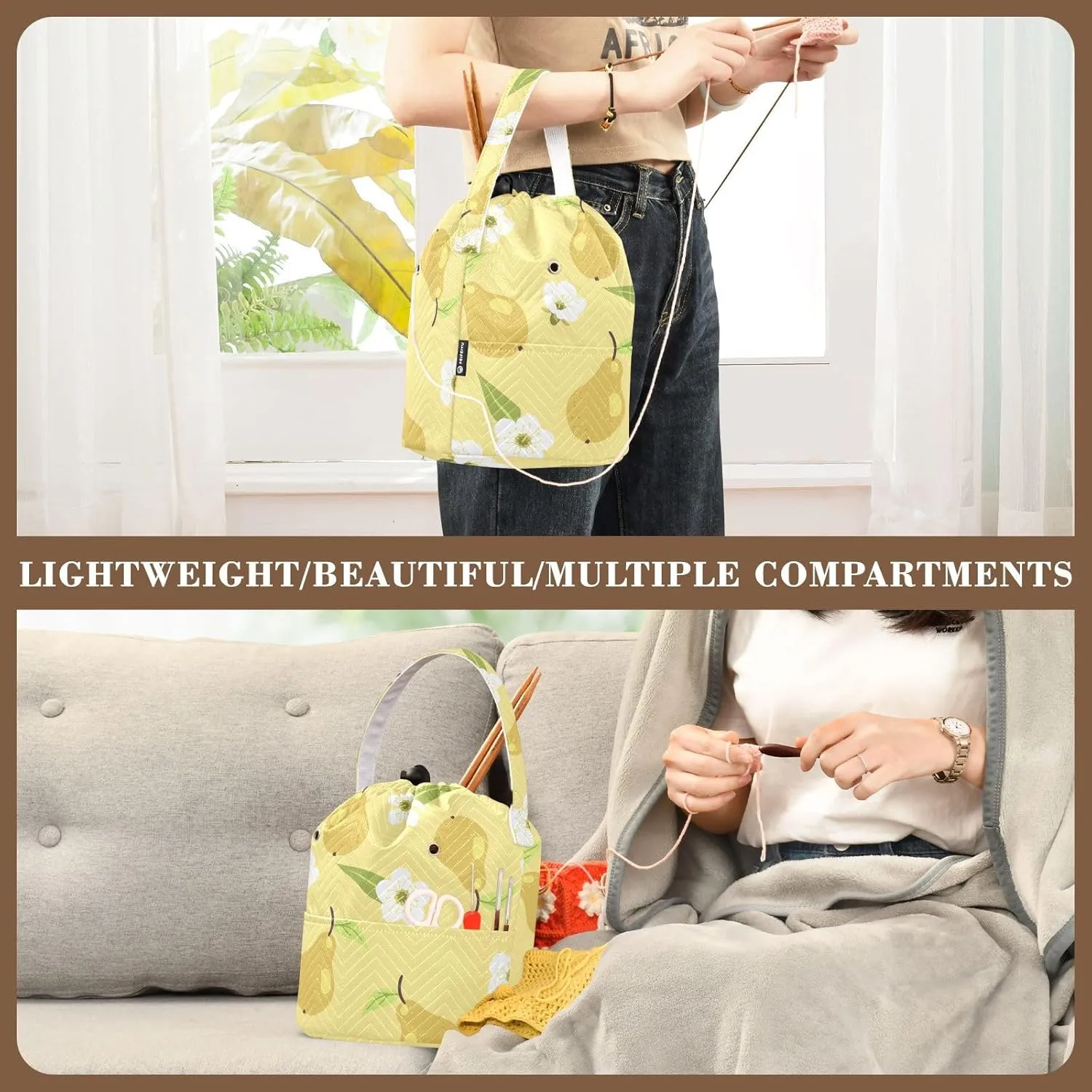 ElliTarr Crochet Bag Yarn Bag with Handle Portable Knitting Project Bag Travel Yarn Storage Organizer Holder Case Yellow Pear and Floral White