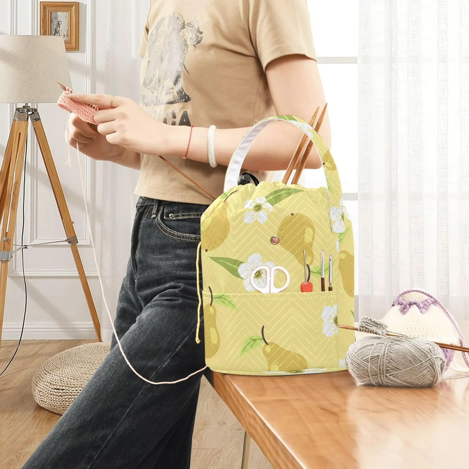 ElliTarr Crochet Bag Yarn Bag with Handle Portable Knitting Project Bag Travel Yarn Storage Organizer Holder Case Yellow Pear and Floral White