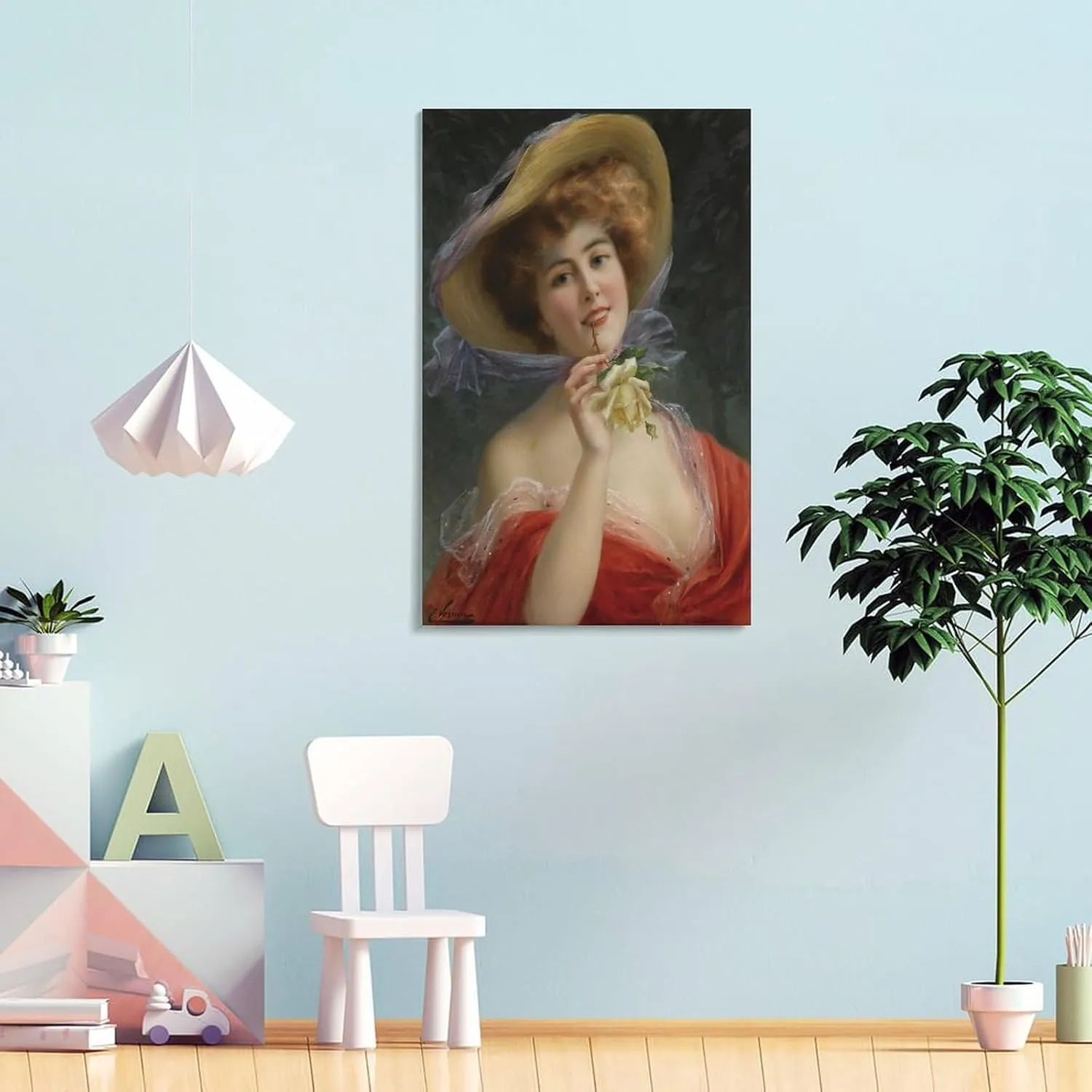 Emile Vernon Fille A La Rose Jaune Picture Print Canvas Poster Wall Paint Art Posters Decor Modern Home Artworks Gift Idea 08x12inch(20x30cm)