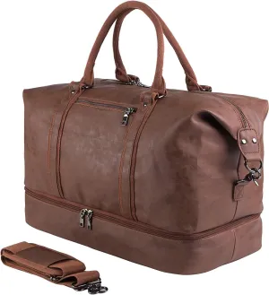 Encased Leather Travel Bag with Shoe Pouch, Weekend Overnight Bag Waterproof PU Leather Large Carry On Bag Travel Tote Duffel Bag for Men or Women - Brown