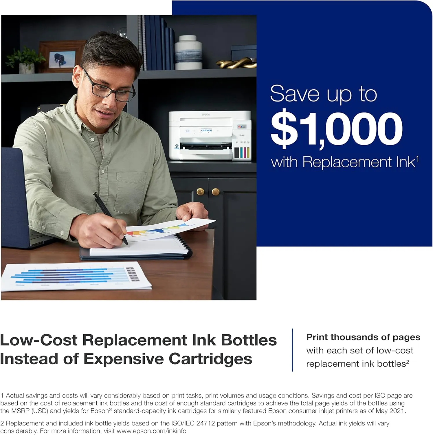 Epson EcoTank ET-4850 Wireless All-in-One Cartridge-Free Supertank Printer with Scanner, Copier, Fax, ADF and Ethernet – The Perfect Printer Office - White, Medium