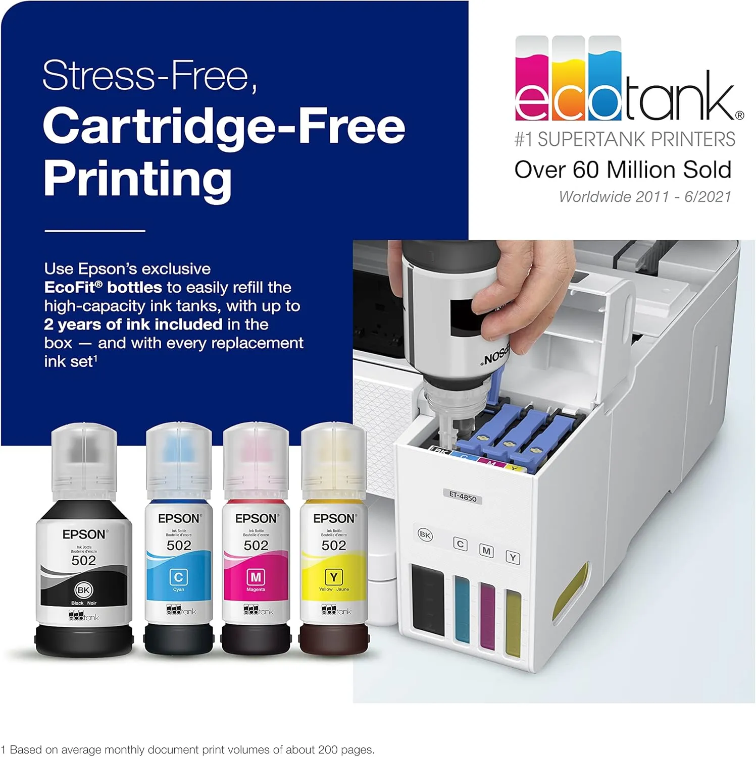 Epson EcoTank ET-4850 Wireless All-in-One Cartridge-Free Supertank Printer with Scanner, Copier, Fax, ADF and Ethernet – The Perfect Printer Office - White, Medium