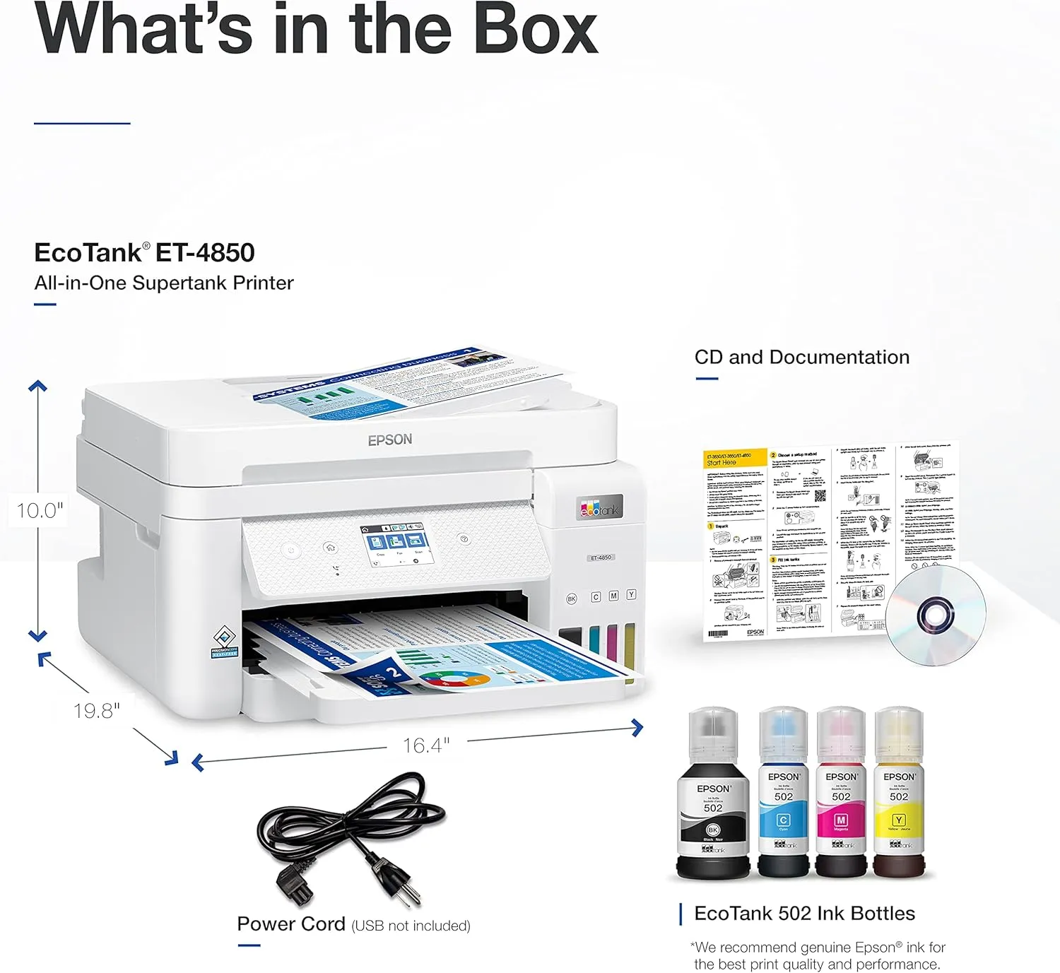 Epson EcoTank ET-4850 Wireless All-in-One Cartridge-Free Supertank Printer with Scanner, Copier, Fax, ADF and Ethernet – The Perfect Printer Office - White, Medium