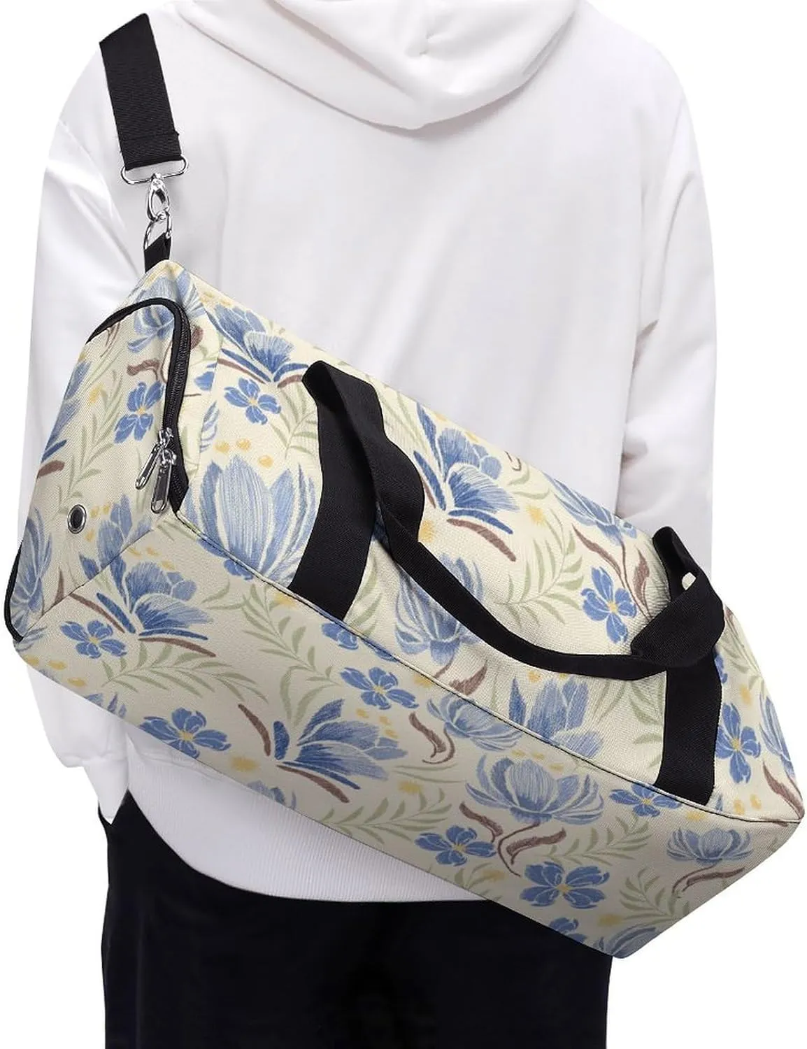 Ethnic Oriental Pastel Blue Flowers Fitness Large Gym Bag for Unisex with Shoe Compartment & Wet Pocket