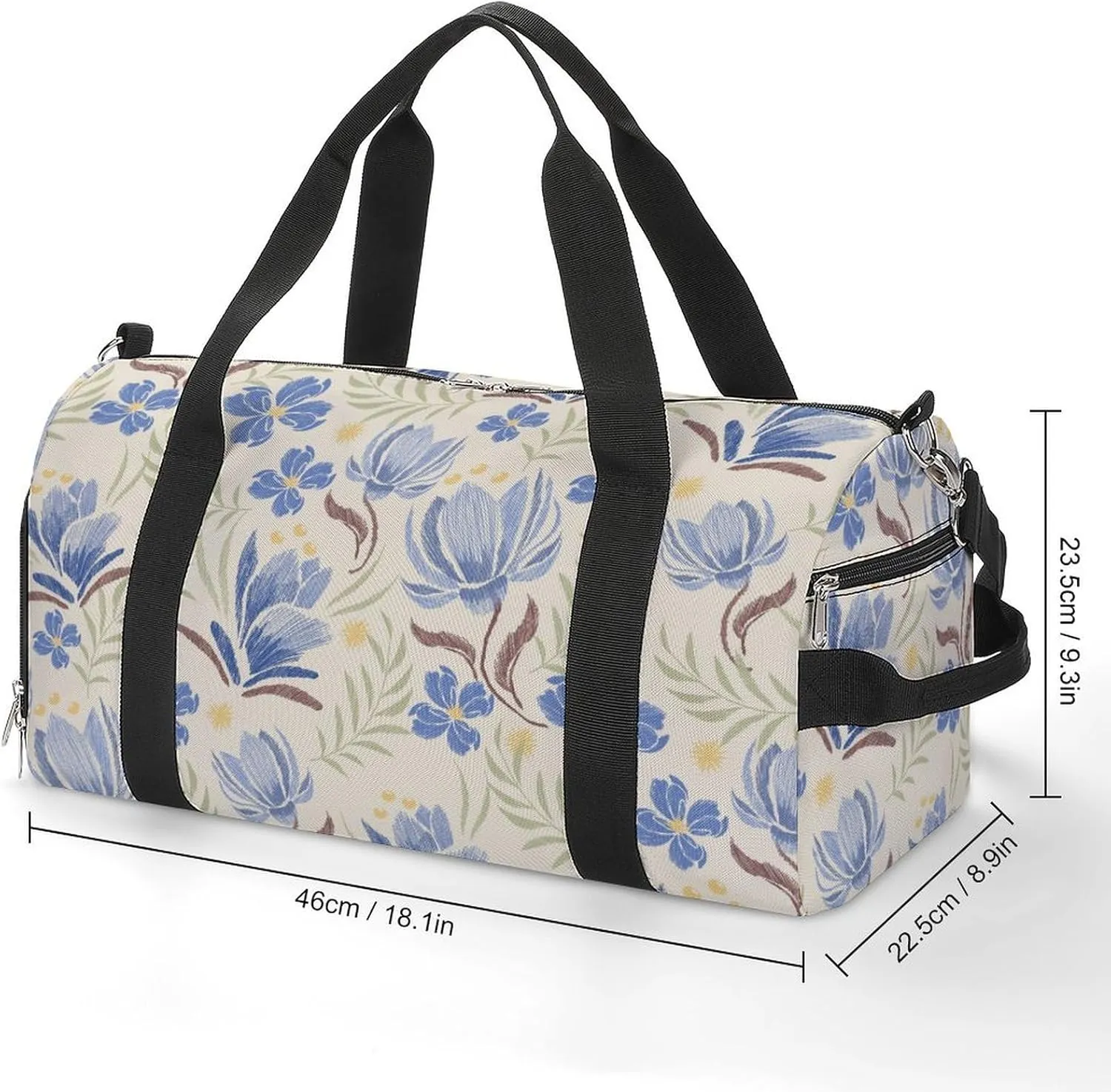 Ethnic Oriental Pastel Blue Flowers Fitness Large Gym Bag for Unisex with Shoe Compartment & Wet Pocket