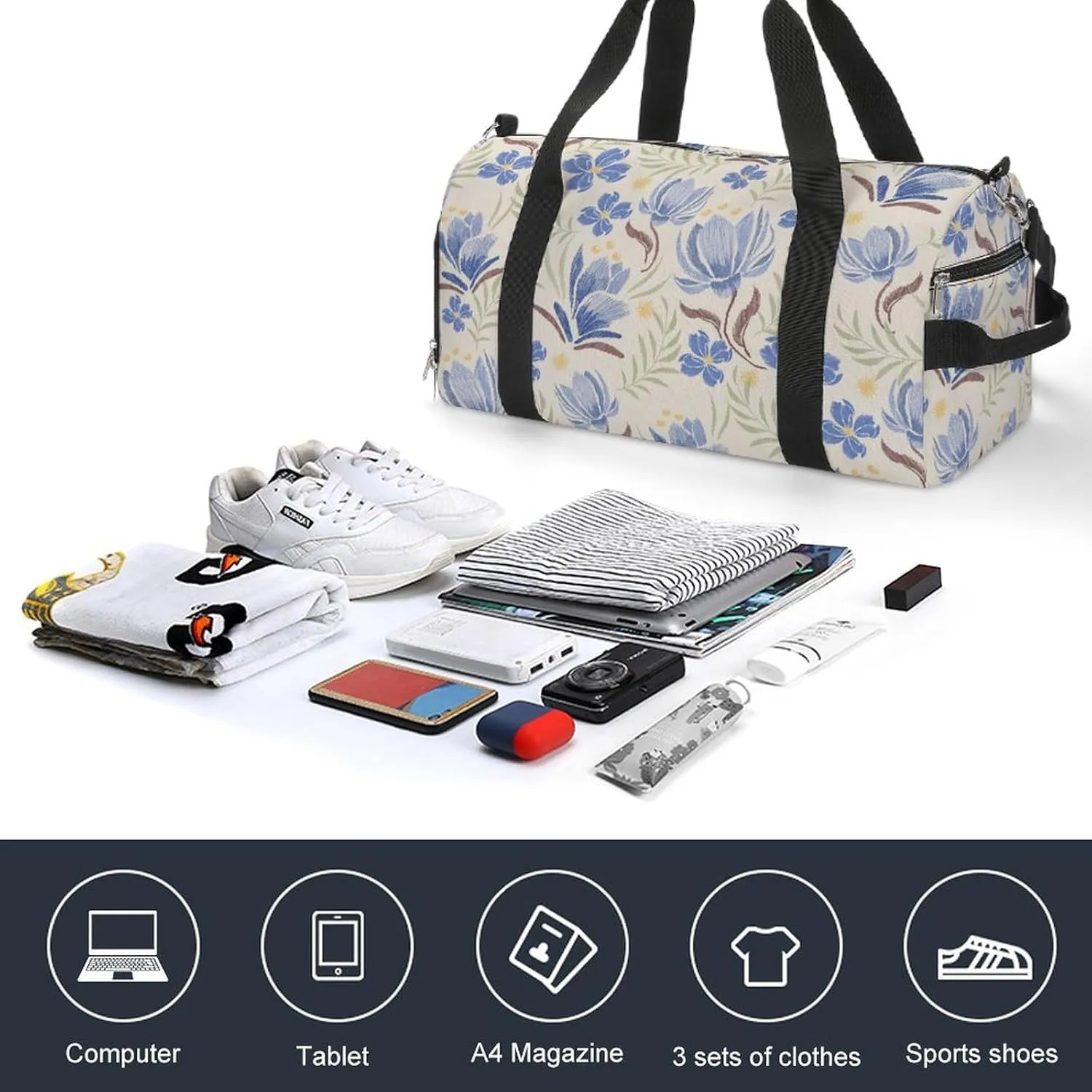 Ethnic Oriental Pastel Blue Flowers Fitness Large Gym Bag for Unisex with Shoe Compartment & Wet Pocket