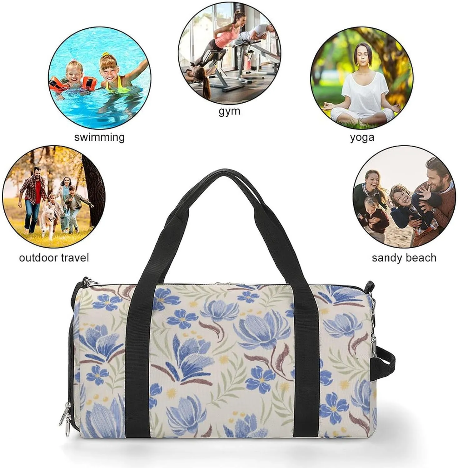 Ethnic Oriental Pastel Blue Flowers Fitness Large Gym Bag for Unisex with Shoe Compartment & Wet Pocket
