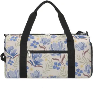 Ethnic Oriental Pastel Blue Flowers Fitness Large Gym Bag for Unisex with Shoe Compartment & Wet Pocket