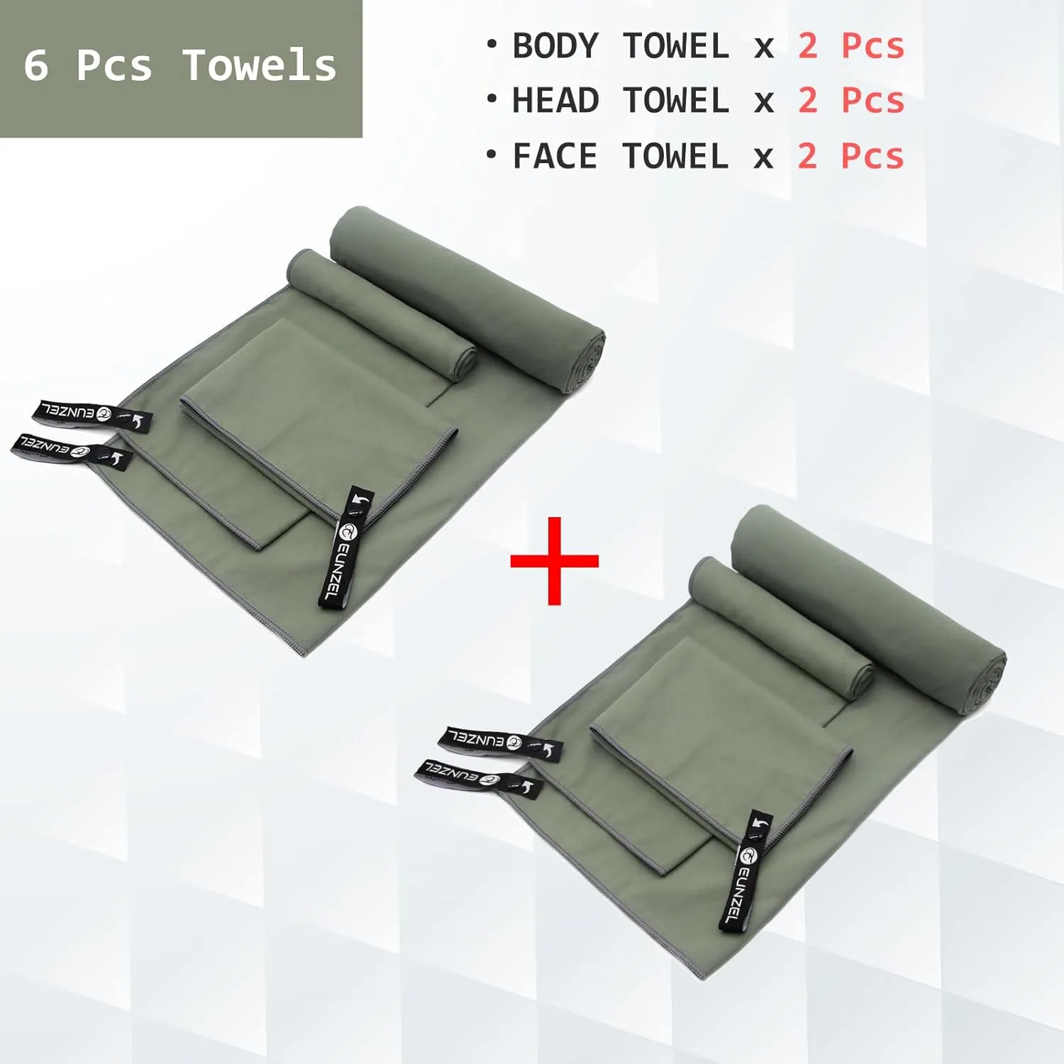 Eunzel 2 Set Quick Dry Camping Towel, Microfiber Travel Towel Super Absorbent Fast Drying Towel for Camping, Beach, Gym, Backpacking & Swimming(Two 3-Piece Towel Sets, Army Green)