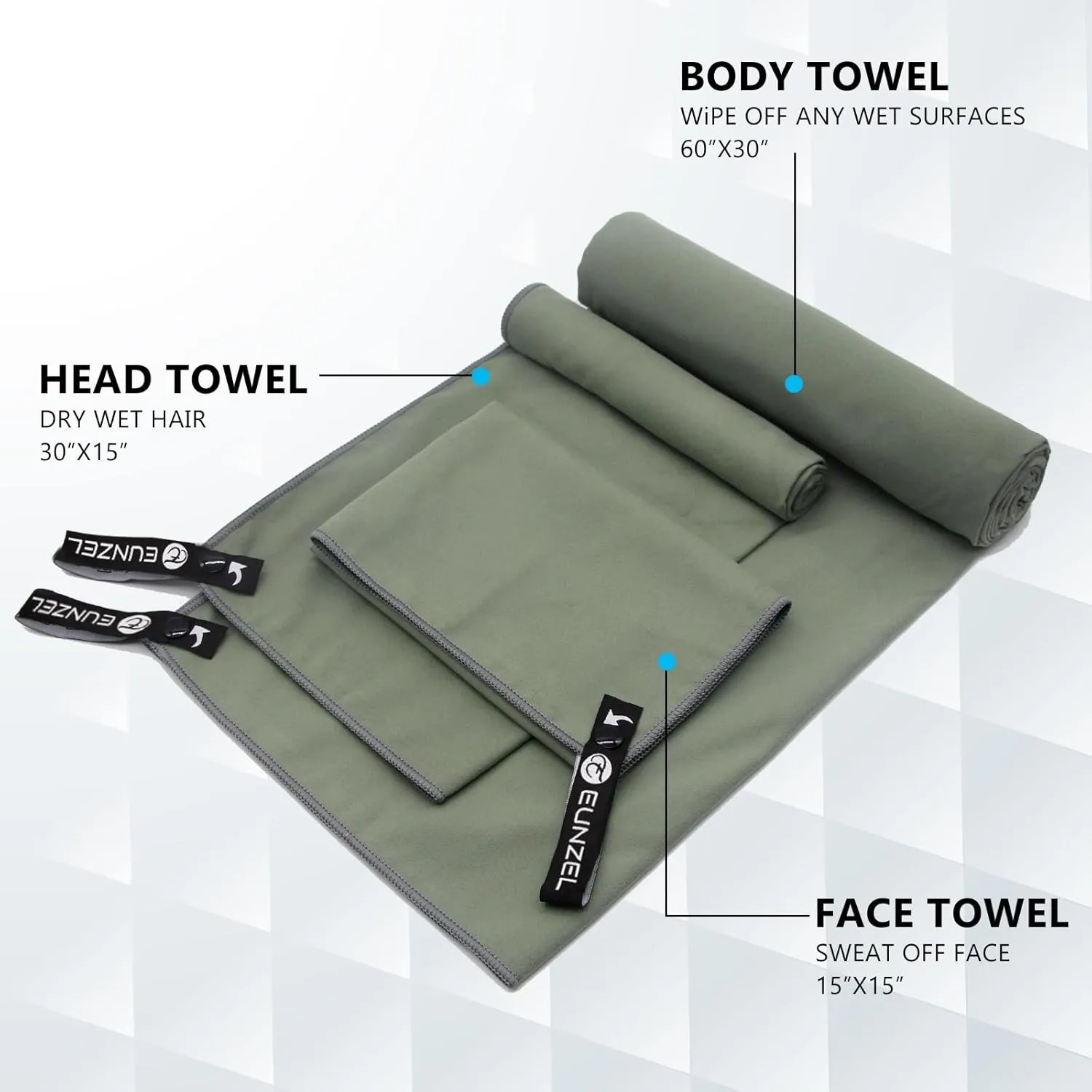 Eunzel 2 Set Quick Dry Camping Towel, Microfiber Travel Towel Super Absorbent Fast Drying Towel for Camping, Beach, Gym, Backpacking & Swimming(Two 3-Piece Towel Sets, Army Green)