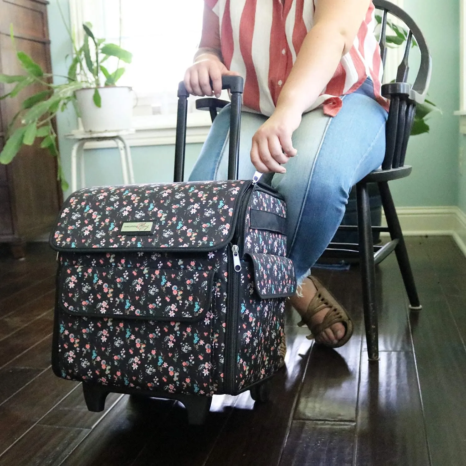 Everything Mary Serger Machine Rolling Storage Case, Black Floral - Carrying Bag For Overlock Machines - For Brother, Singer, & Juki Sergers - Organizer Tote For Sewing Thread & Supplies