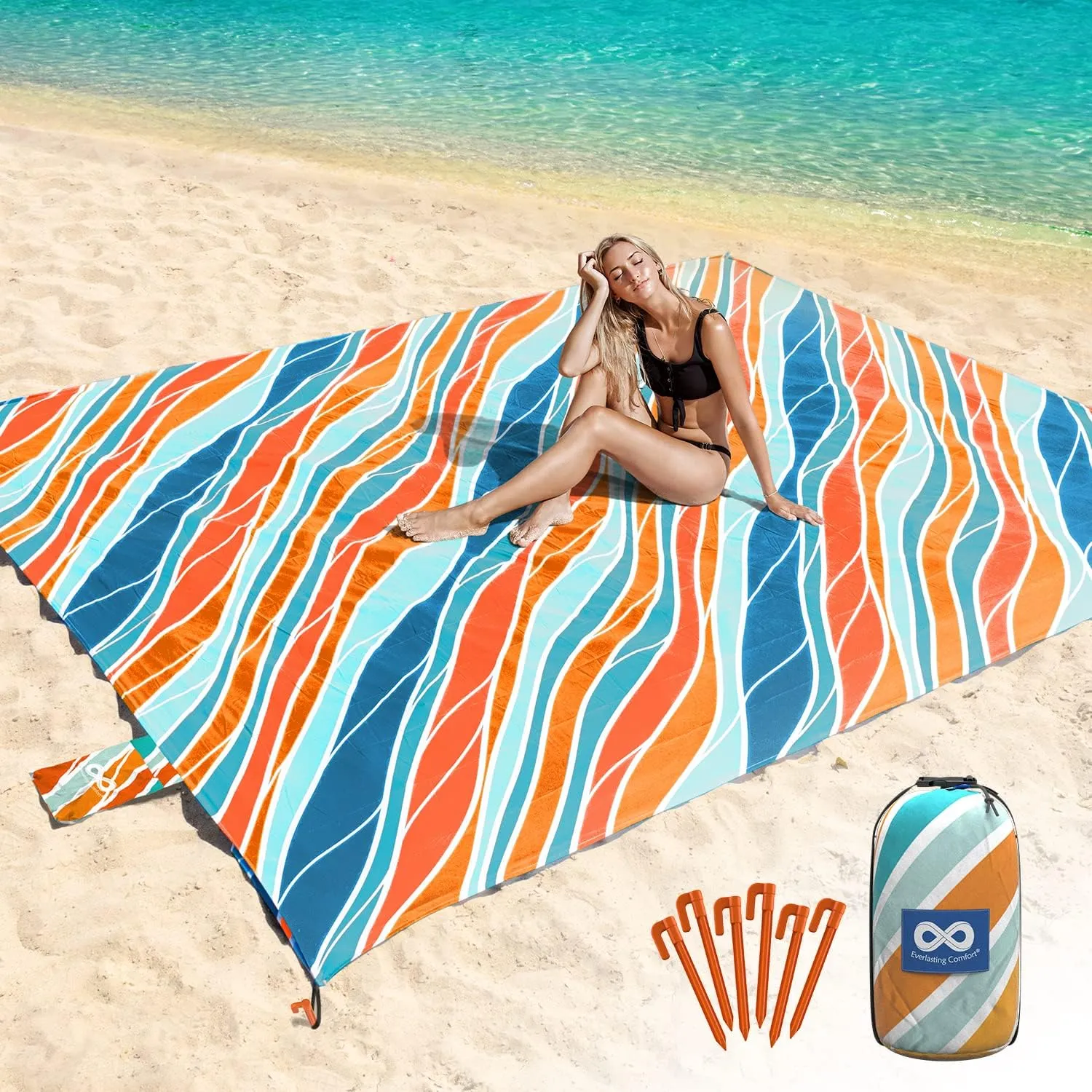 Extra Large Beach Blanket Waterproof & Sandproof 9'x10'8" for 10 People - Beach Essentials for Family, Picnic, Concert, Travel - Includes 4 ( 2) Stakes - by Everlasting Comfort