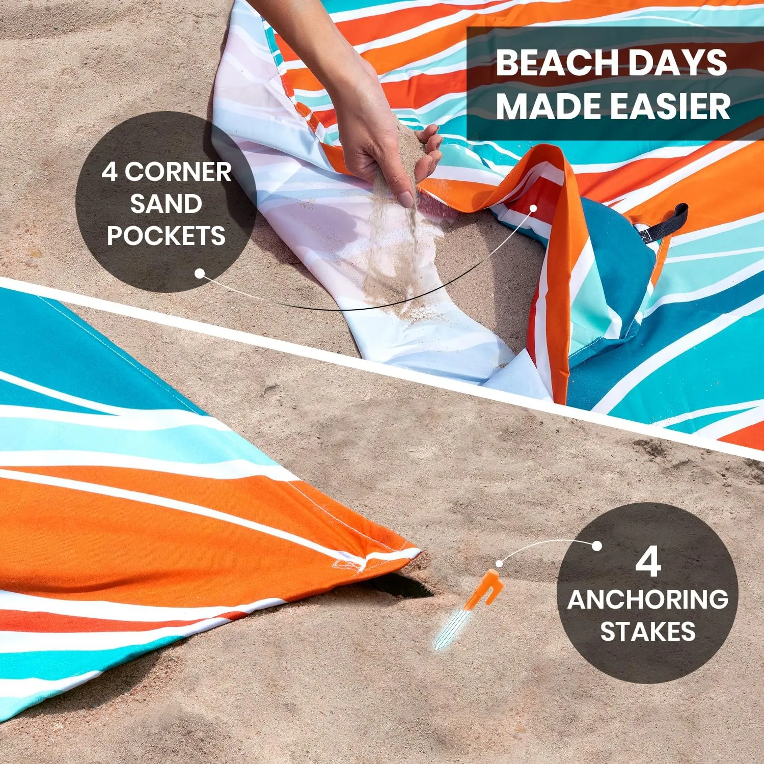 Extra Large Beach Blanket Waterproof & Sandproof 9'x10'8" for 10 People - Beach Essentials for Family, Picnic, Concert, Travel - Includes 4 ( 2) Stakes - by Everlasting Comfort
