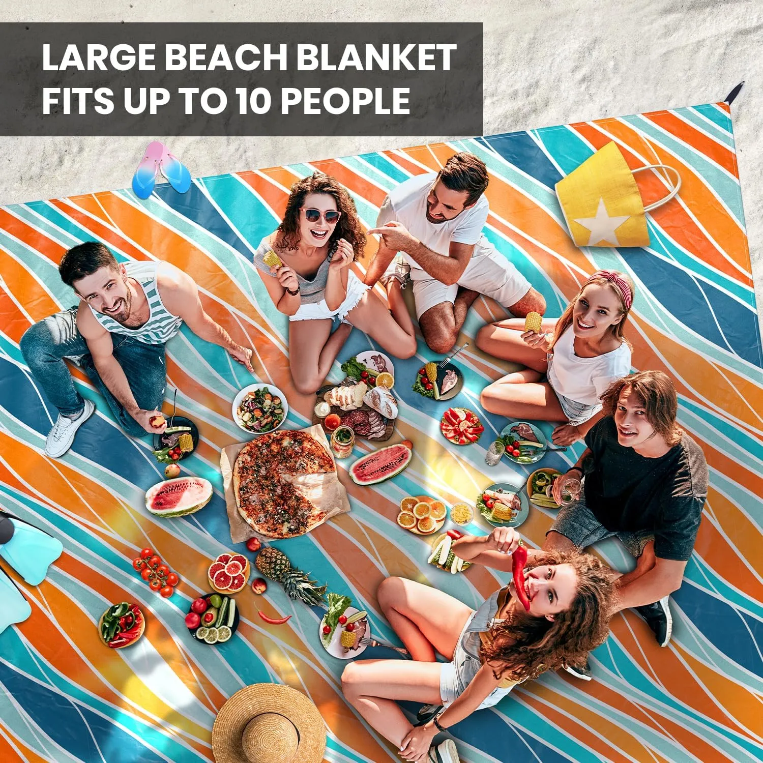 Extra Large Beach Blanket Waterproof & Sandproof 9'x10'8" for 10 People - Beach Essentials for Family, Picnic, Concert, Travel - Includes 4 ( 2) Stakes - by Everlasting Comfort