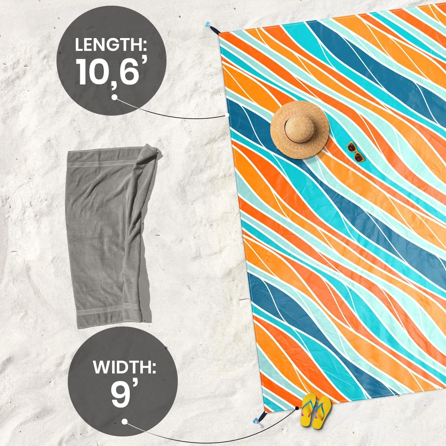 Extra Large Beach Blanket Waterproof & Sandproof 9'x10'8" for 10 People - Beach Essentials for Family, Picnic, Concert, Travel - Includes 4 ( 2) Stakes - by Everlasting Comfort